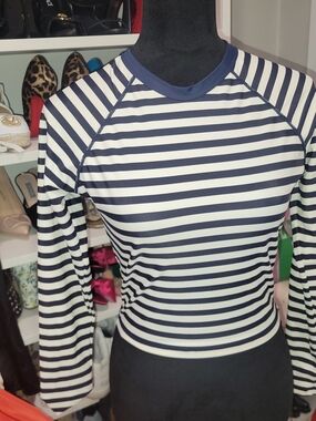 J. Crew Navy and White Striped Long-Sleeve Crew Top Swim Suit ,beach